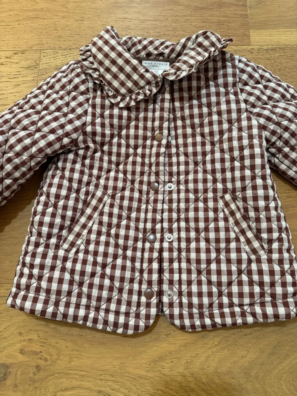 Max Studio Kids brown & white Gingham Quilted Girls Fall Jacket 24m VGUC